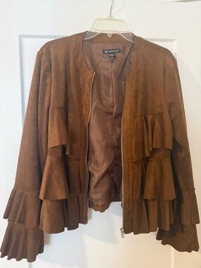 INC International Concepts Brown Suede Ruffle Zip Jacket